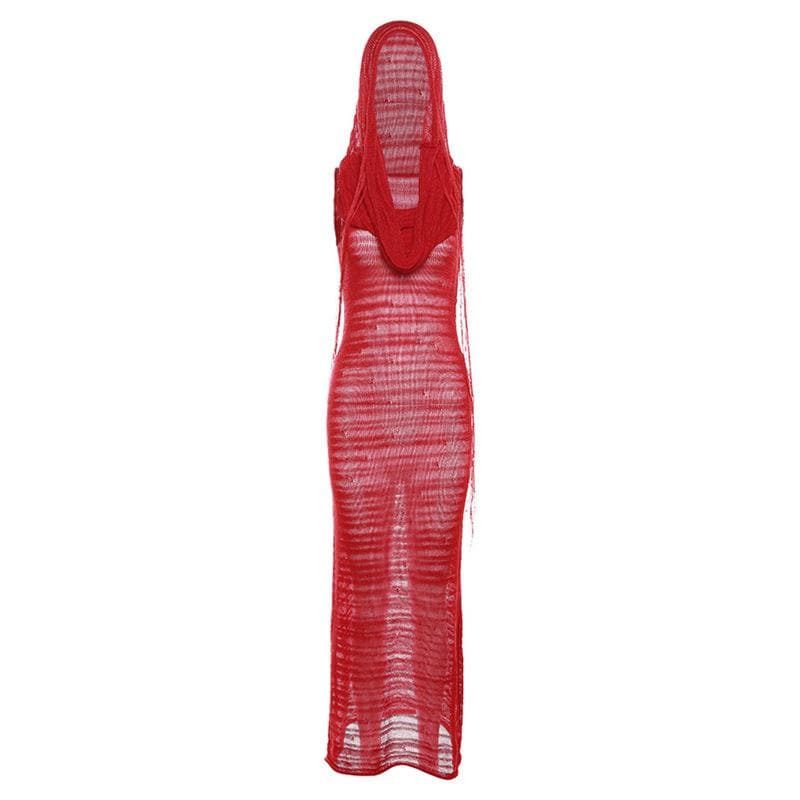 Hooded Sheer Ribbed Knit Sleeveless Bodycon Maxi Dress