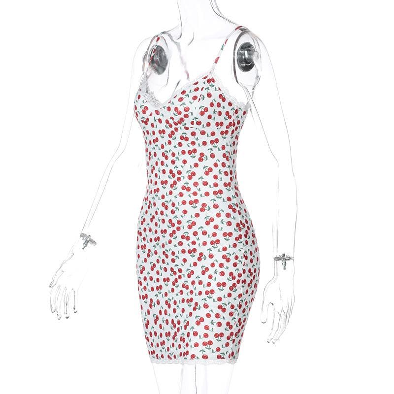 Cherry print v neck lace hem contrast cami mini dress - View 3