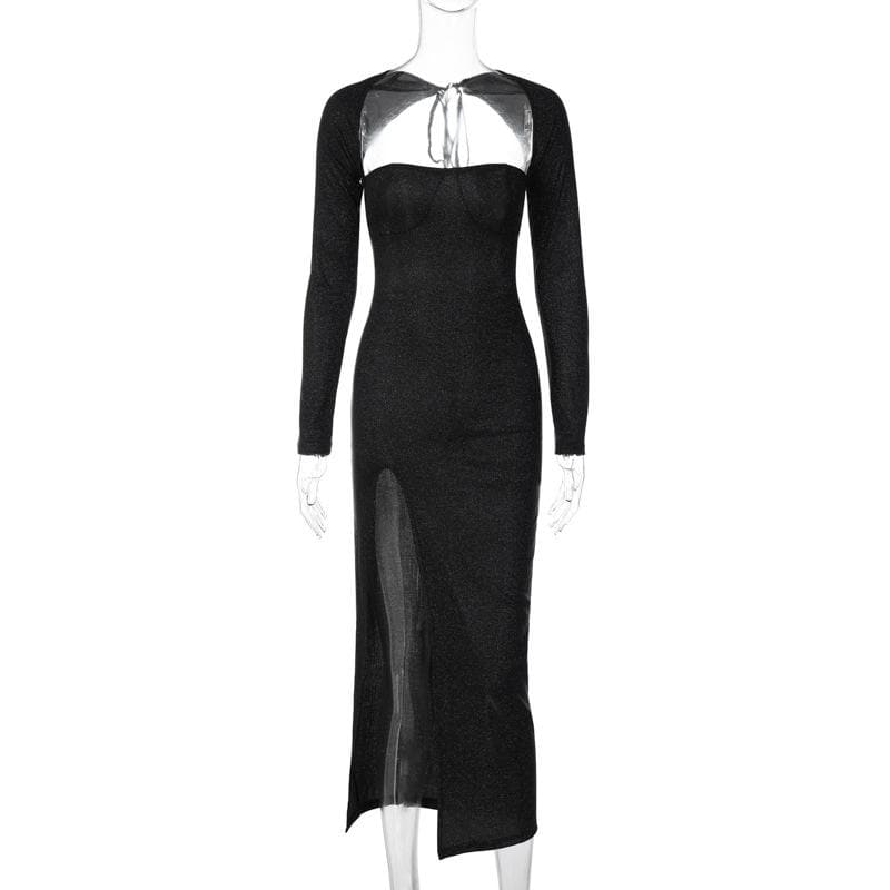 Textured long sleeve lace up self tie slit irregular ruched midi dress - View 2