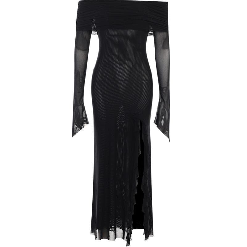 Off shoulder slit sheer mesh see through long sleeve maxi dress 4