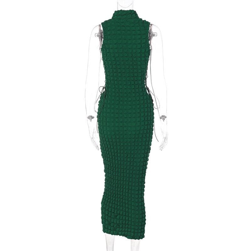 Bubble Textured Mock Neck Sleeveless Lace Up Side Bodycon Midi Dress 4