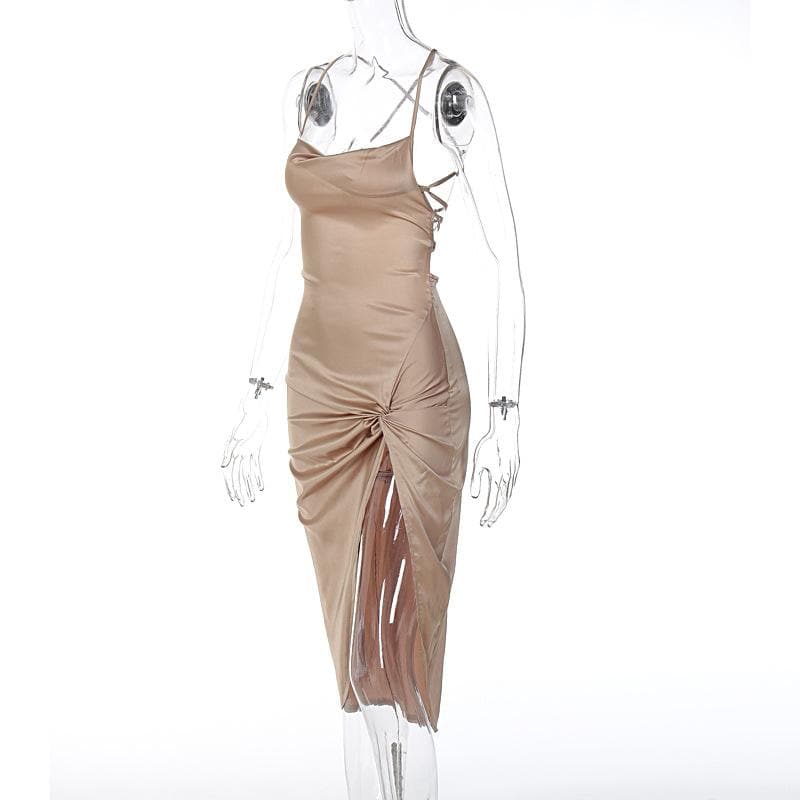 Satin Cowl Neck Cross Strap Twist Knot Split Midi Slip Dress 3