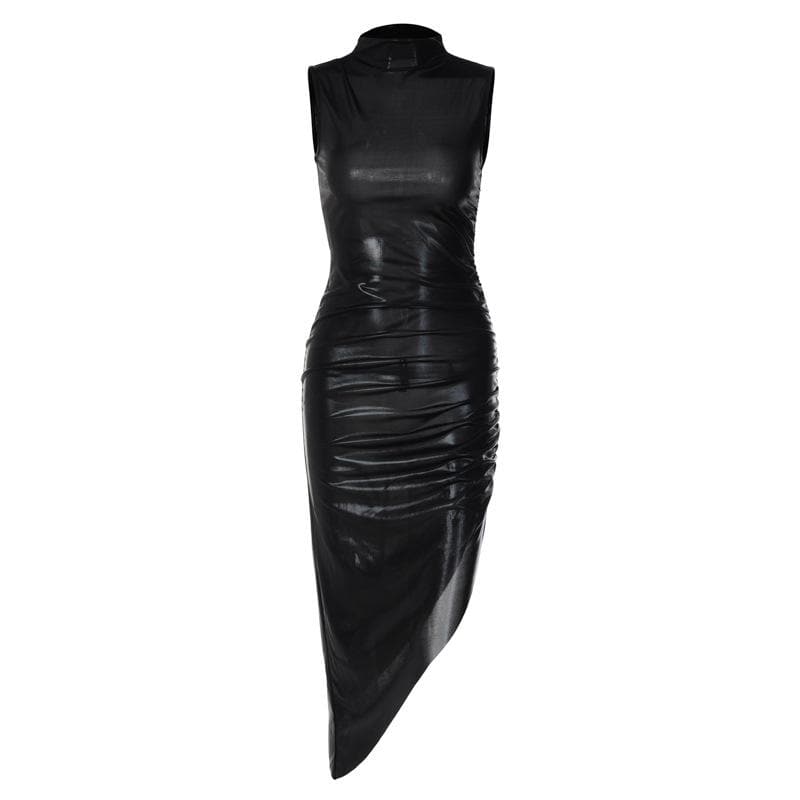 Metallic irregular high neck sleeveless ruched midi dress - View 4