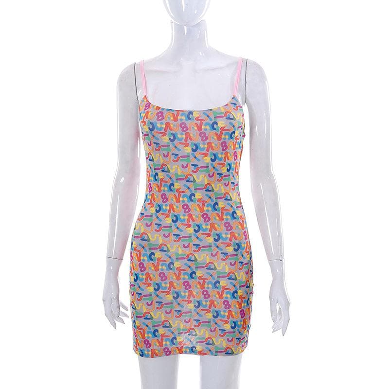 Mesh letter print contrast square neck backless cami mini dress 8