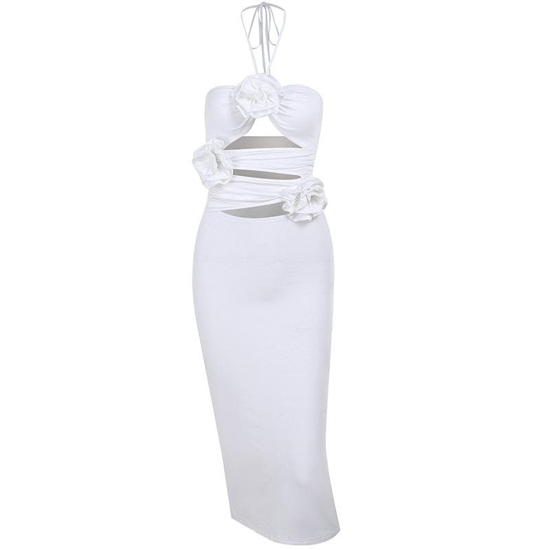 Halter Neck 3D Rose Cut Out Ruched Bodycon Maxi Dress
