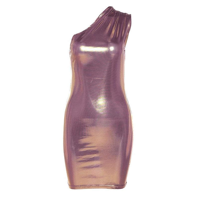 Metallic solid one shoulder ruched irregular mini dress - View 7