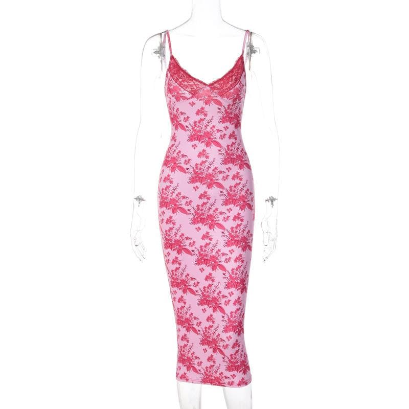 Floral Print Lace Trim V-Neck Spaghetti Strap Bodycon Midi Dress