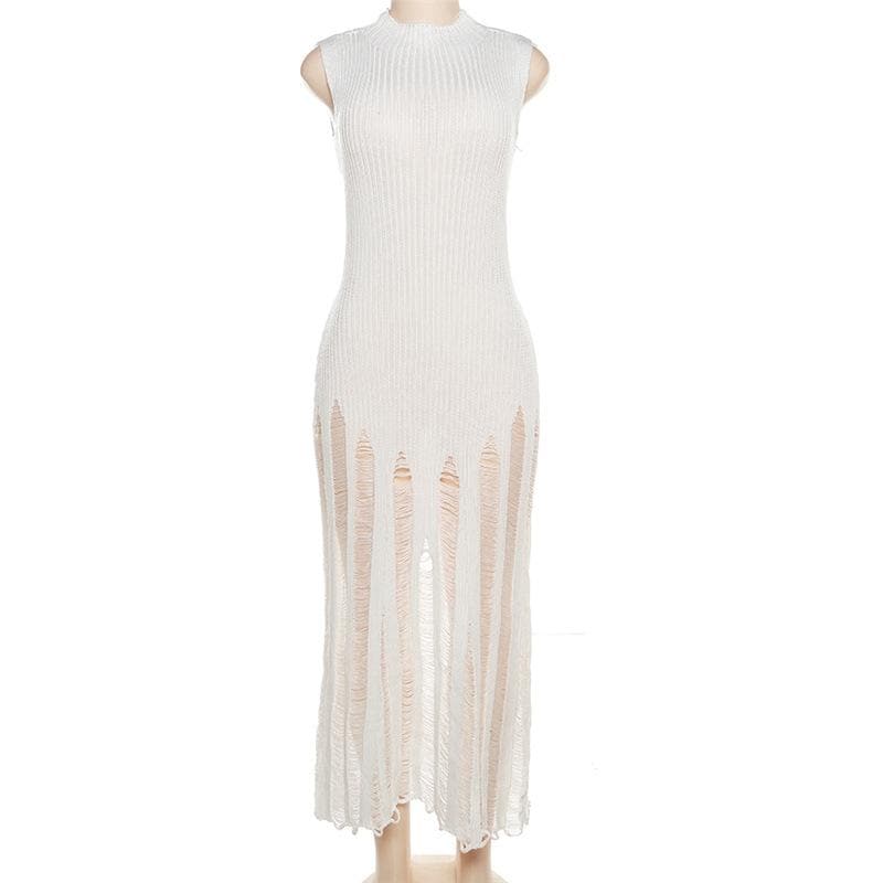 Ribbed Knit Mock Neck Sleeveless Distressed Shredded Maxi Dress