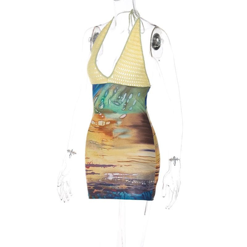 Contrast Print Knit Halter Neck Bodycon Mini Dress