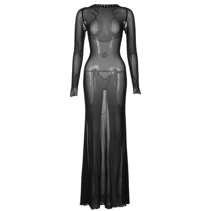 Sheer Mesh Round Neck Long Sleeve Studded Trim Flared Maxi Dress