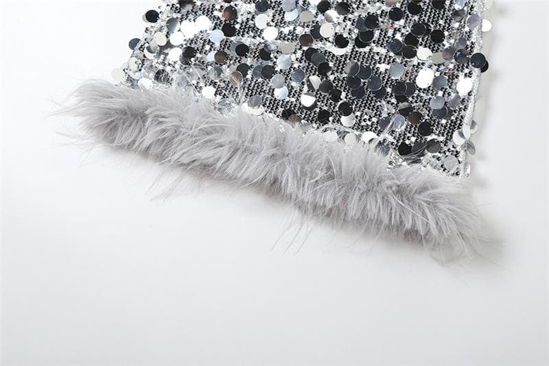 Sequin Halter Neck Fur Trim Bodycon Mini Dress