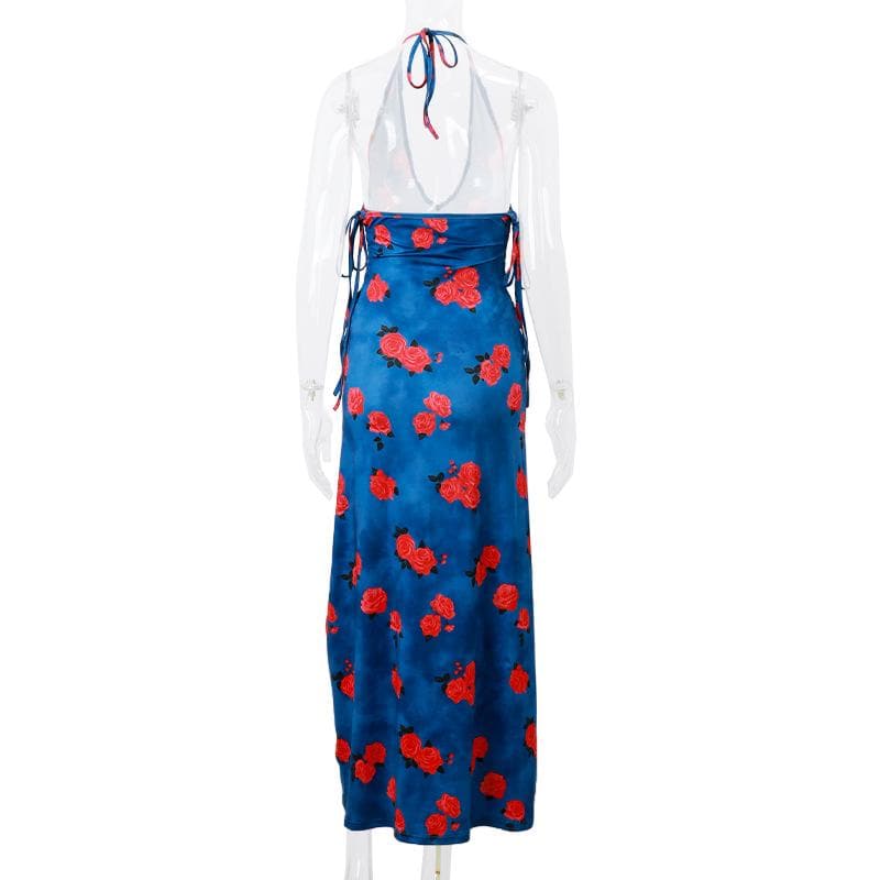 Floral Deep V-Neck Lace Up Backless Slip Maxi Dress