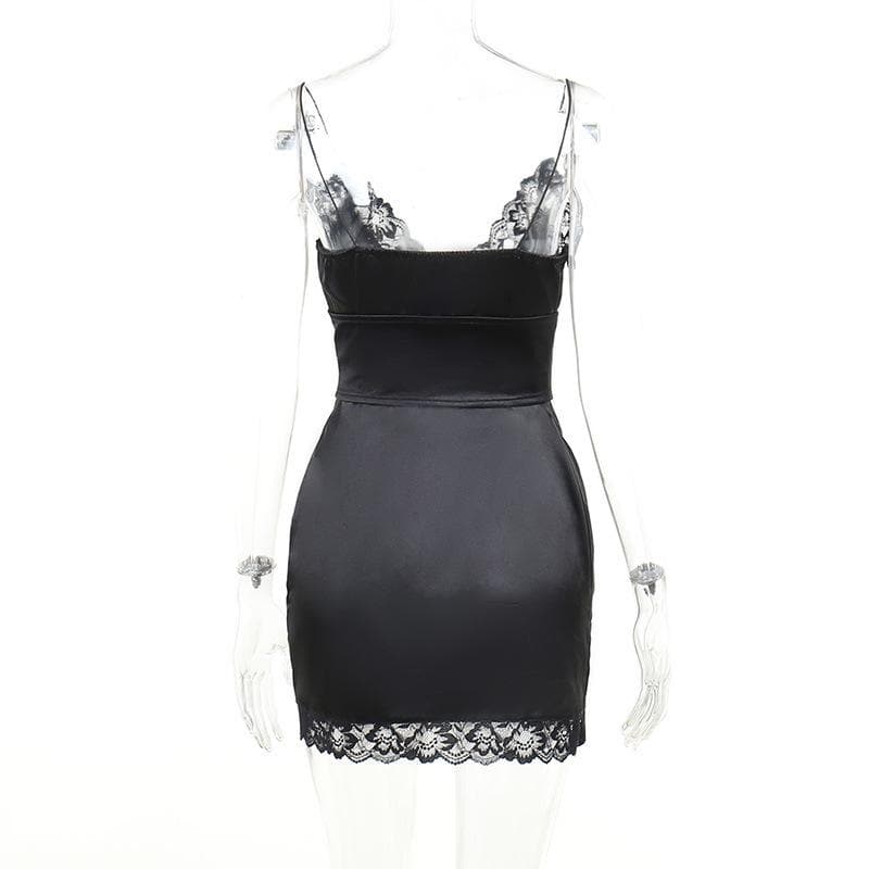 Satin V-Neck Lace Trim Lace Up Corset Mini Dress