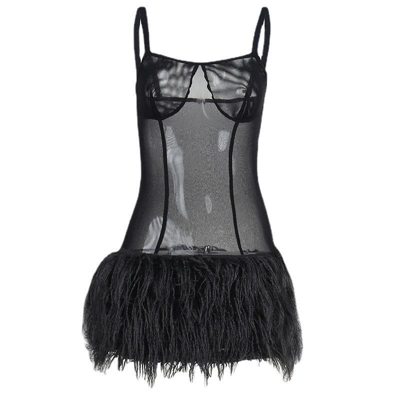 Mesh see through feather sleeveless backless mini dress 9