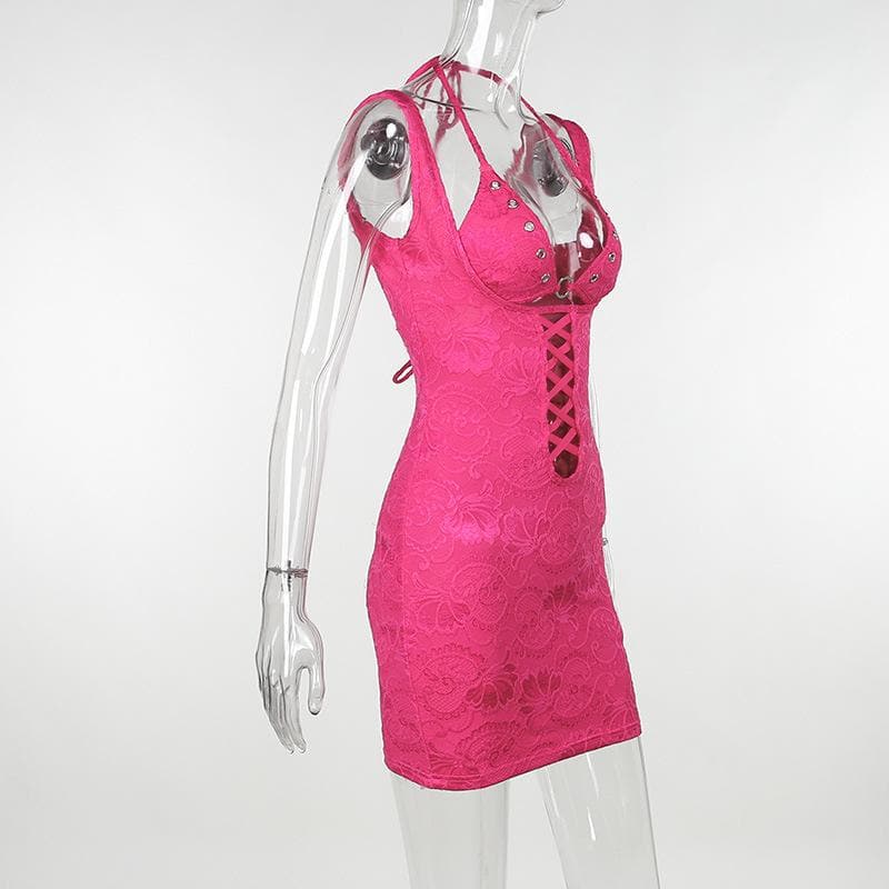 Jacquard Halter Neck Lace Up Cut Out Bodycon Mini Dress