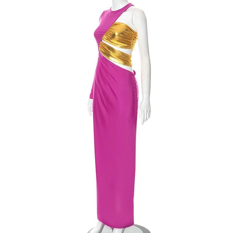 One Shoulder Long Sleeve Metallic Ruched Panel Cut Out Maxi Dress 7