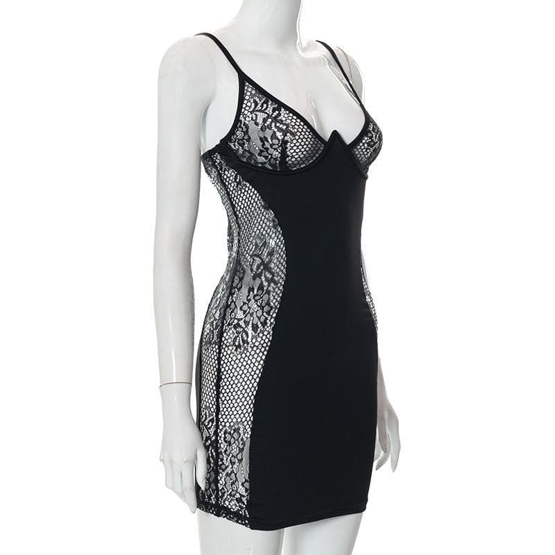 Lace see through patchwork mini dress - View 3