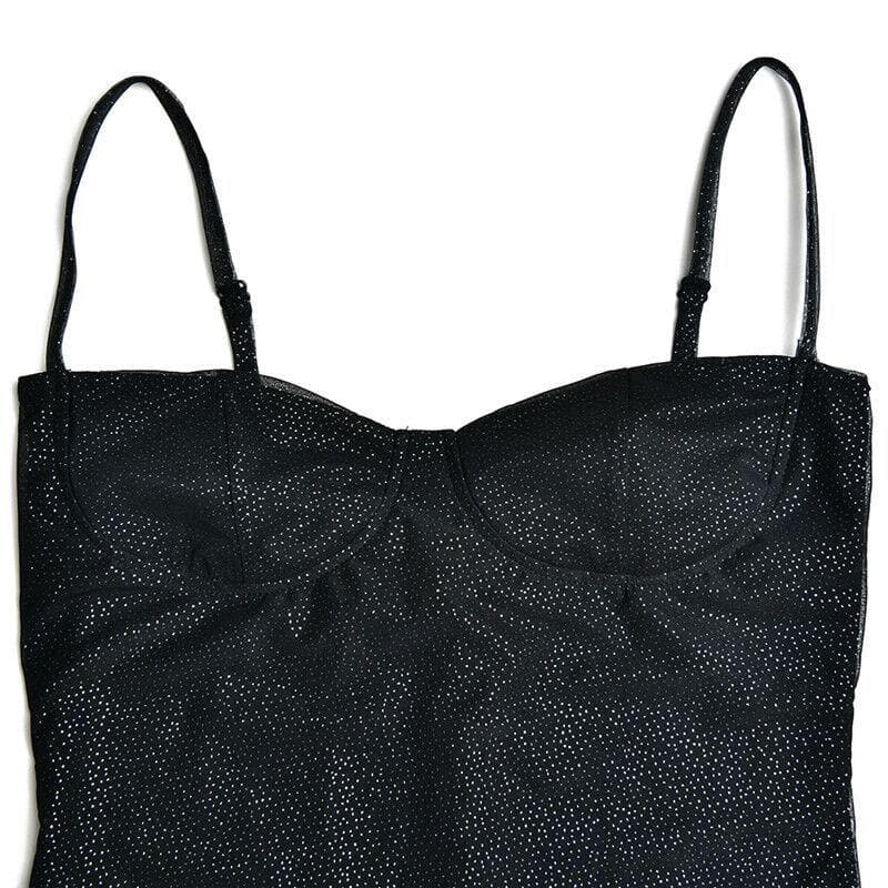 Textured mesh gloves sweetheart neck zip-up slit cami mini dress 7