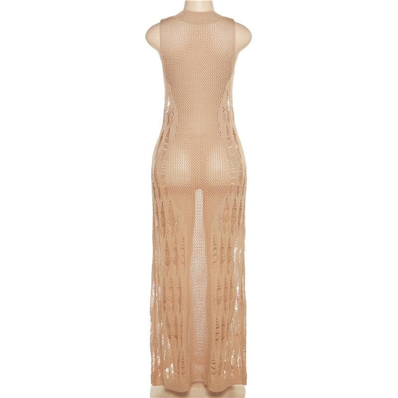 Open Knit Distressed Crochet Mesh Sleeveless Bodycon Maxi Dress