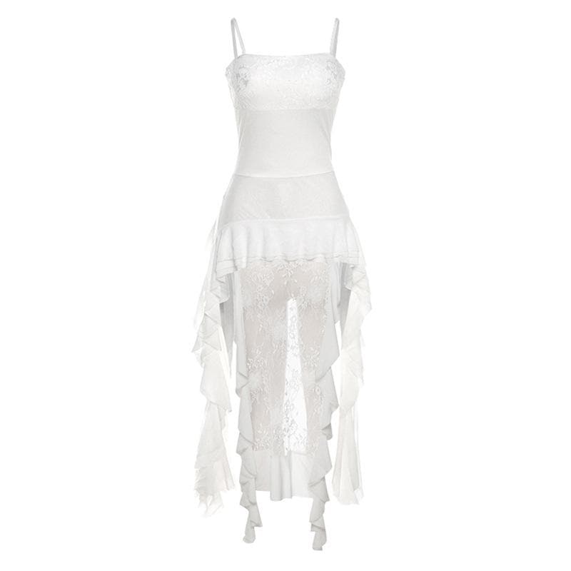 Lace patchwork square neck ruffle solid cami mini dress - View 2