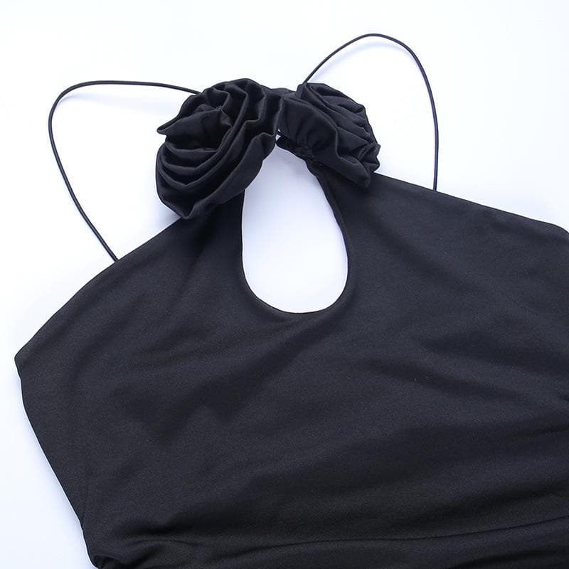 Rosette Appliqué Halter Cut Out Ruched Bodycon Mini Dress