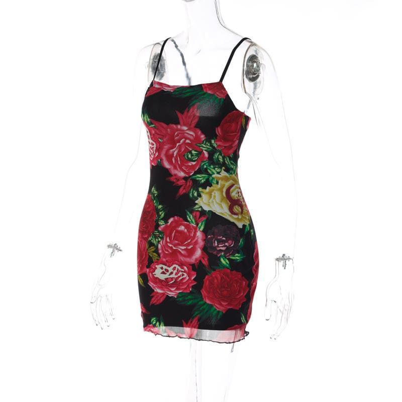 Rose Floral Print Square Neck Spaghetti Strap Bodycon Mini Dress