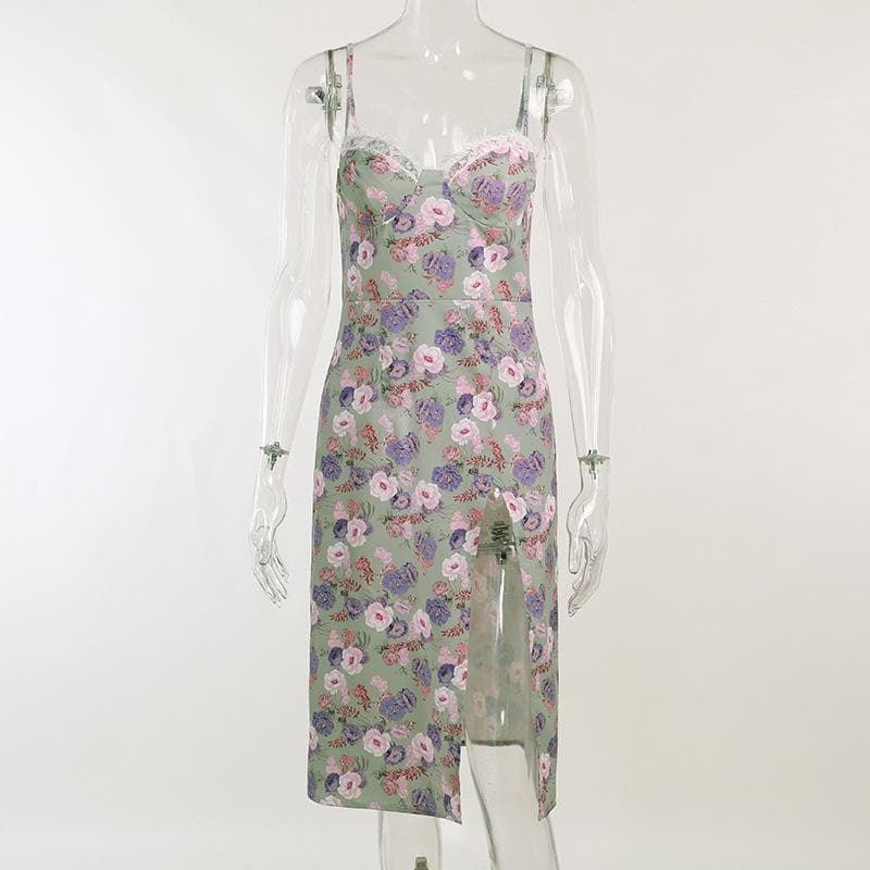 Sleeveless slit lace hem backless flower pattern print cami dress - View 8