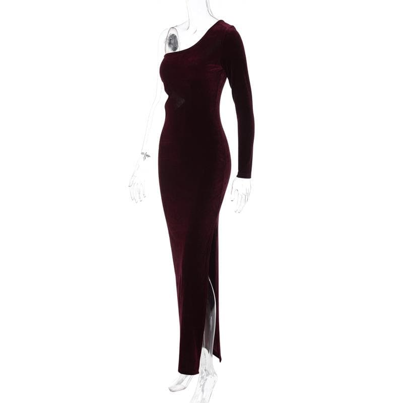 Velvet solid irregular one shoulder slit hollow out midi dress - View 7