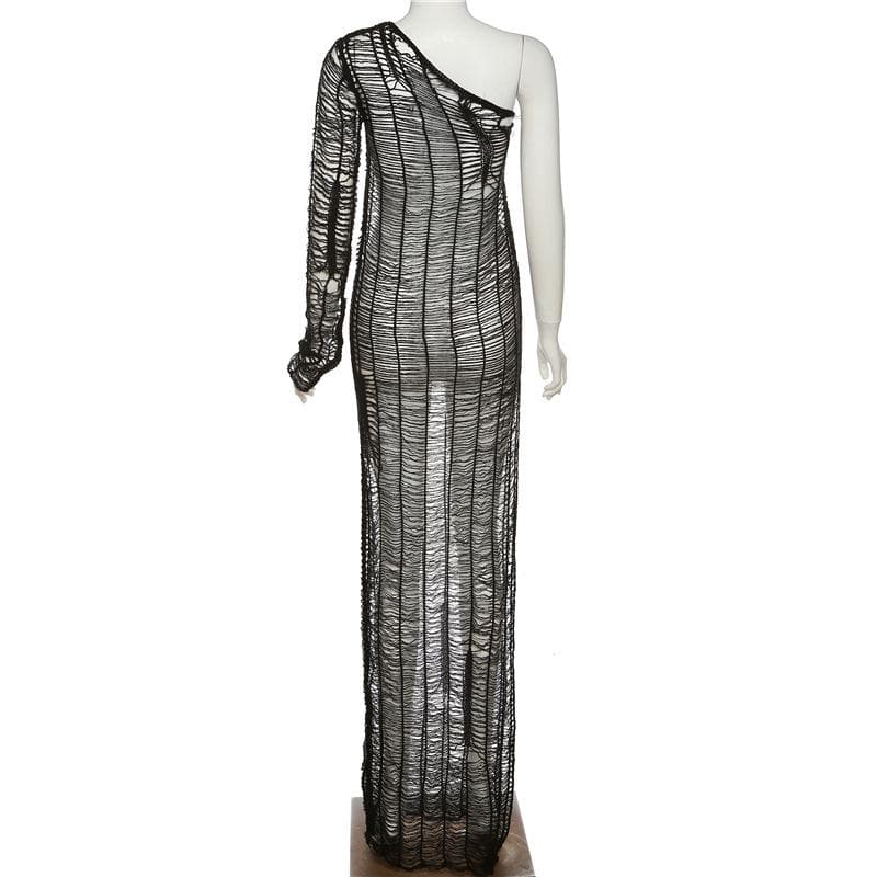 Distressed Open Knit One Shoulder Long Sleeve Sheer Maxi Dress 3