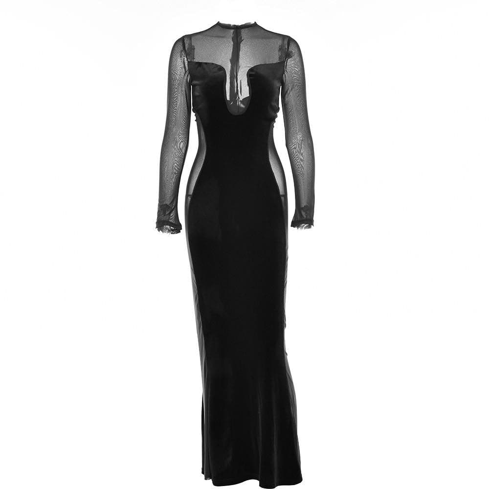 Long sleeve velvet mesh solid zip-up maxi dress - View 8