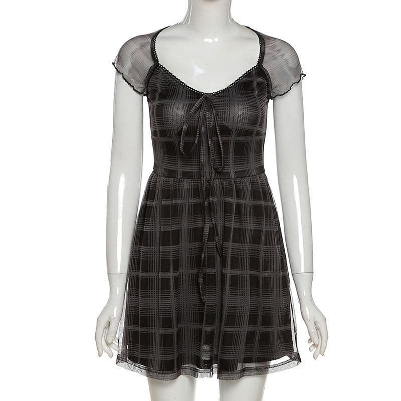 Mesh short sleeve plaid A line ruffled dress 4