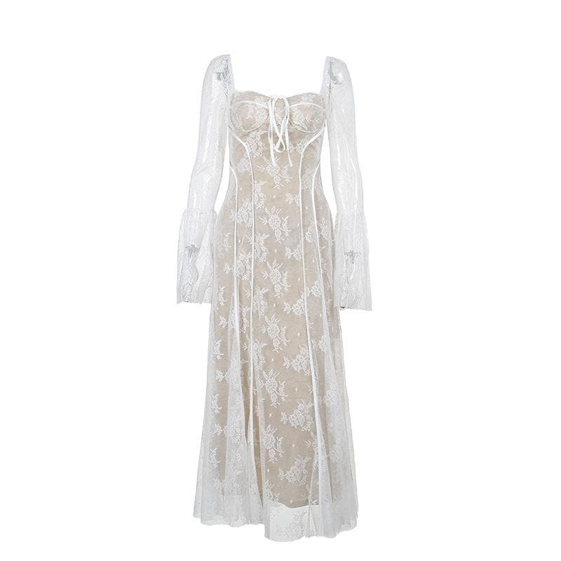 Long flared sleeve contrast zip-up lace self tie maxi dress - View 2