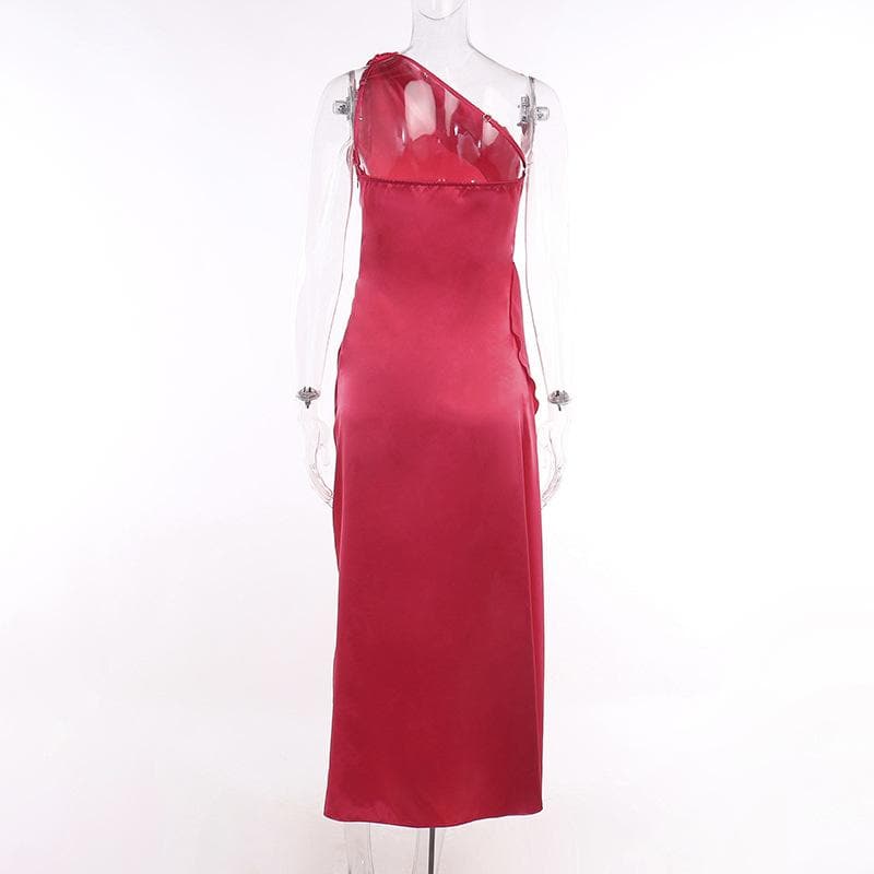 Slit solid satin one shoulder irregular ruched maxi dress 4