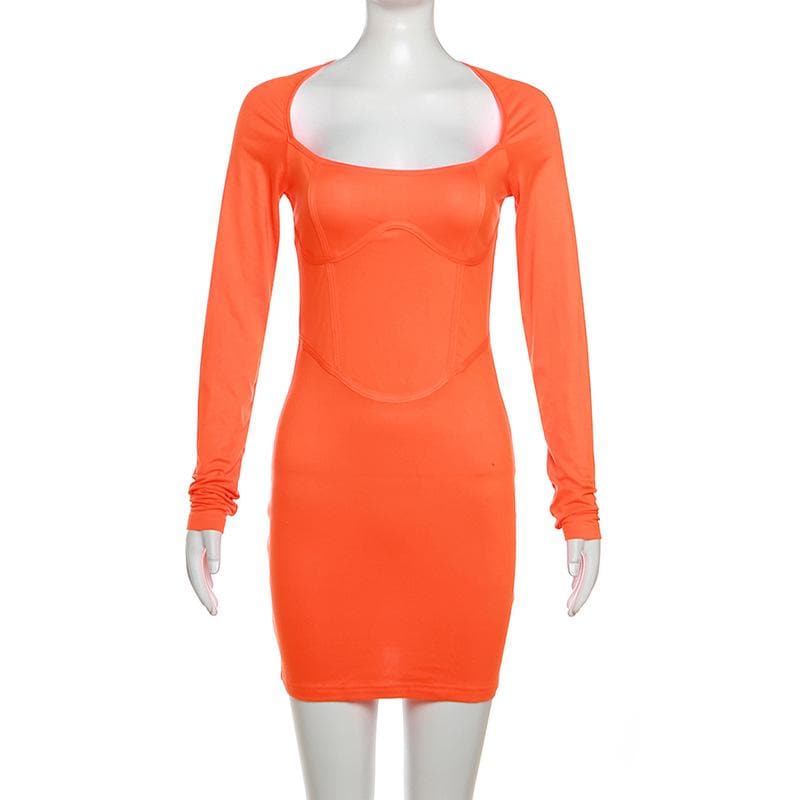 Square Neck Long Sleeve Corset Bodycon Mini Dress