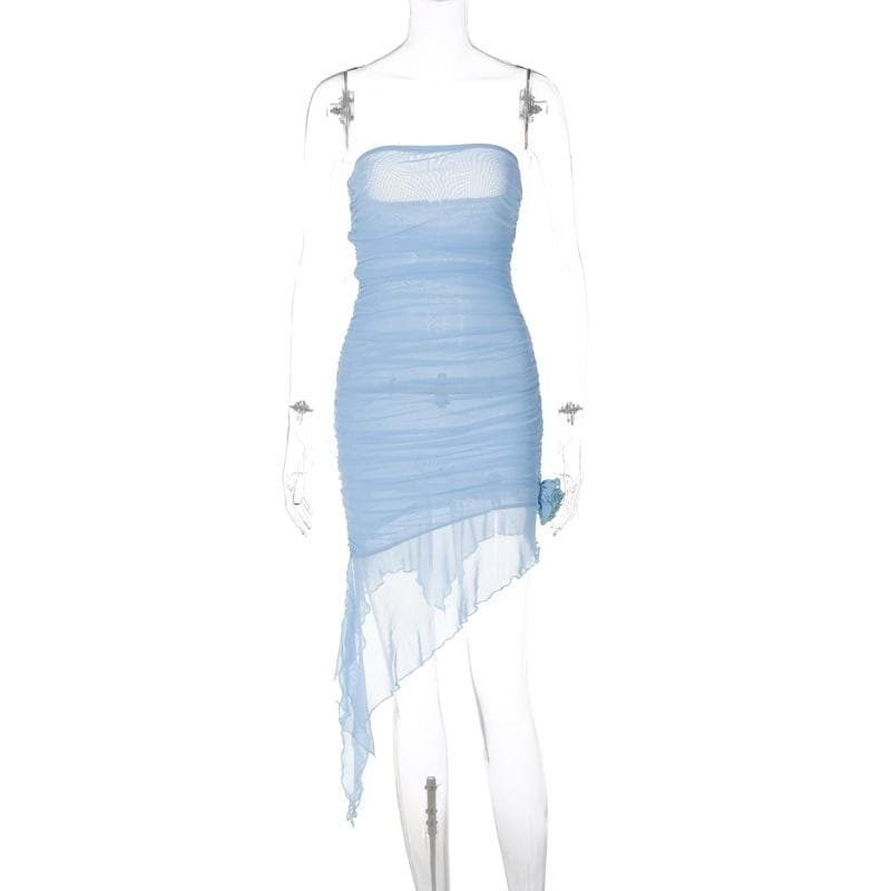 Mesh Strapless Ruched Floral Applique High Low Mini Dress