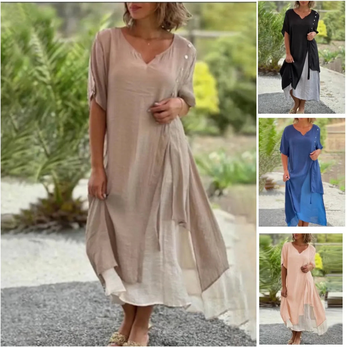 V-Neck Short Sleeve Layered Midi Dress 5