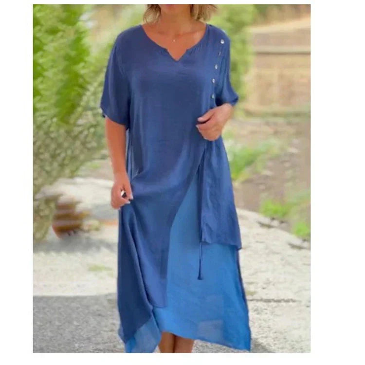 V-Neck Short Sleeve Layered Midi Dress 2