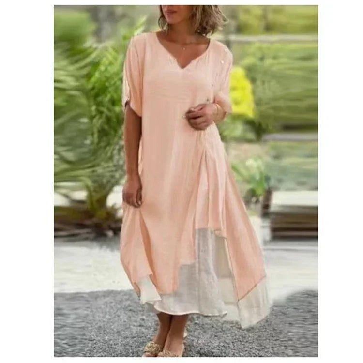 V-Neck Short Sleeve Layered Midi Dress 4