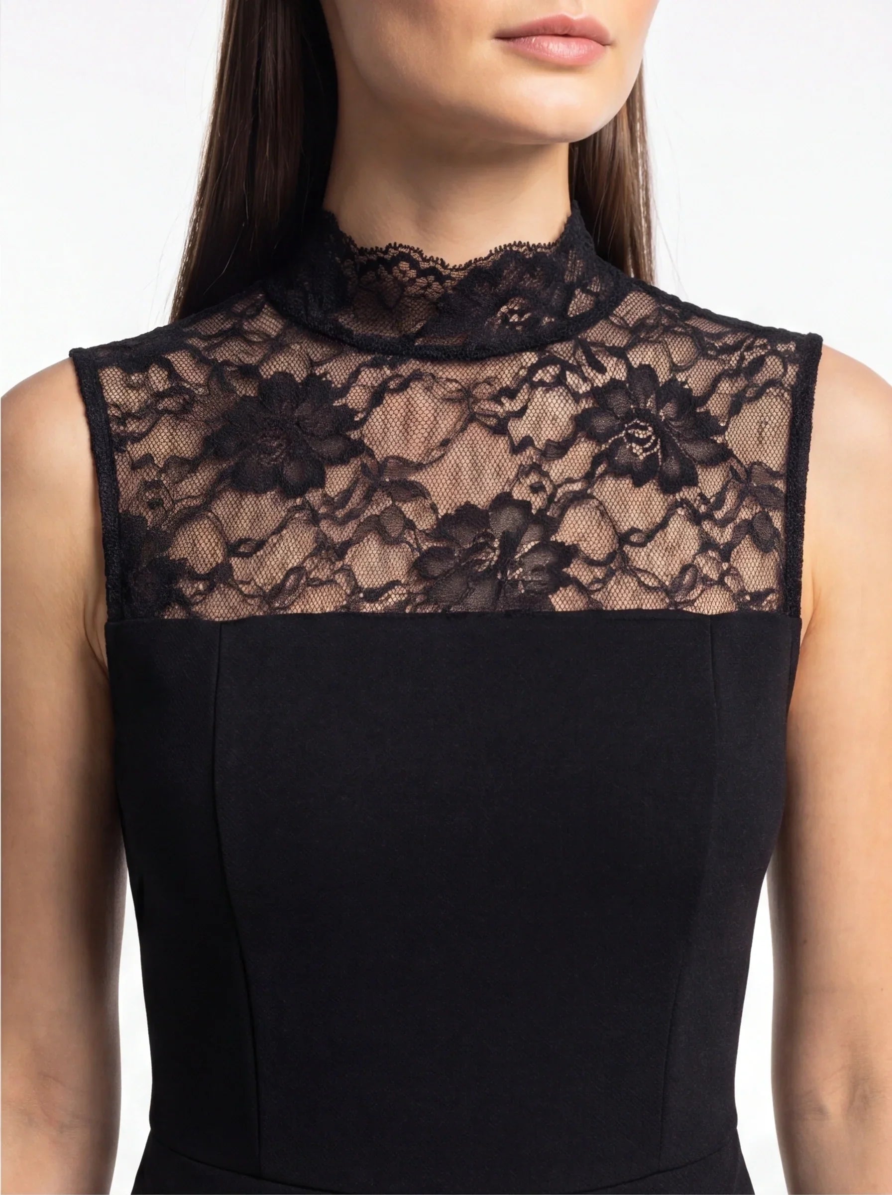 Floral Lace Yoke High Neck Sleeveless Wide Leg Jumpsuit