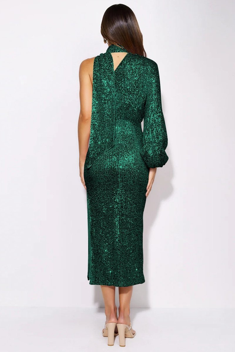 Sequin High Neck One Shoulder Long Sleeve Bodycon Midi Dress