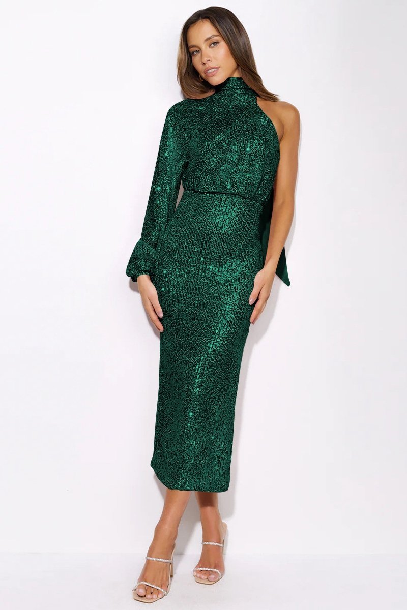 Sequin High Neck One Shoulder Long Sleeve Bodycon Midi Dress