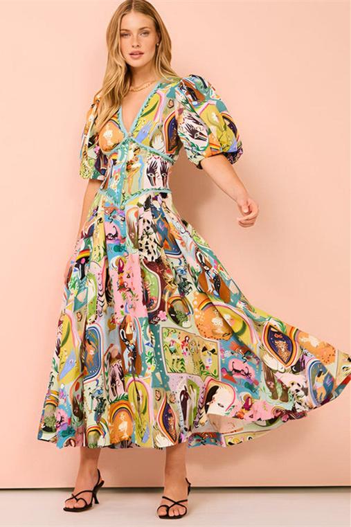 Aesthetic Paty V Neck Puff Sleeve Midi Dress Elevated Occasion Wear