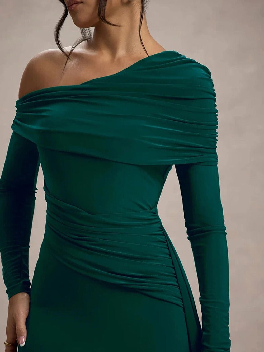 Off Shoulder Long Sleeve Ruched Mermaid Maxi Gown - View 3