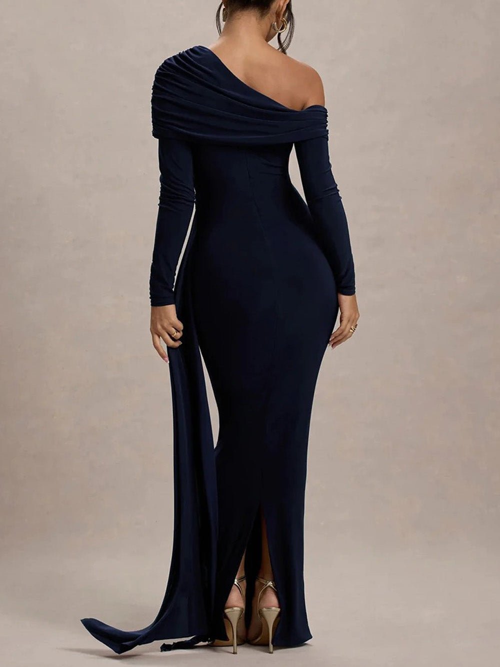 One Shoulder Long Sleeve Ruched Draped Bodycon Maxi Gown - View 2