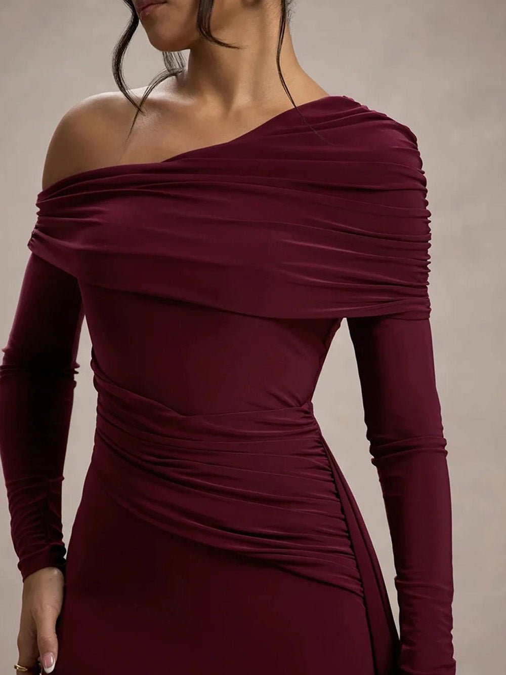 One Shoulder Long Sleeve Ruched Draped Bodycon Maxi Gown