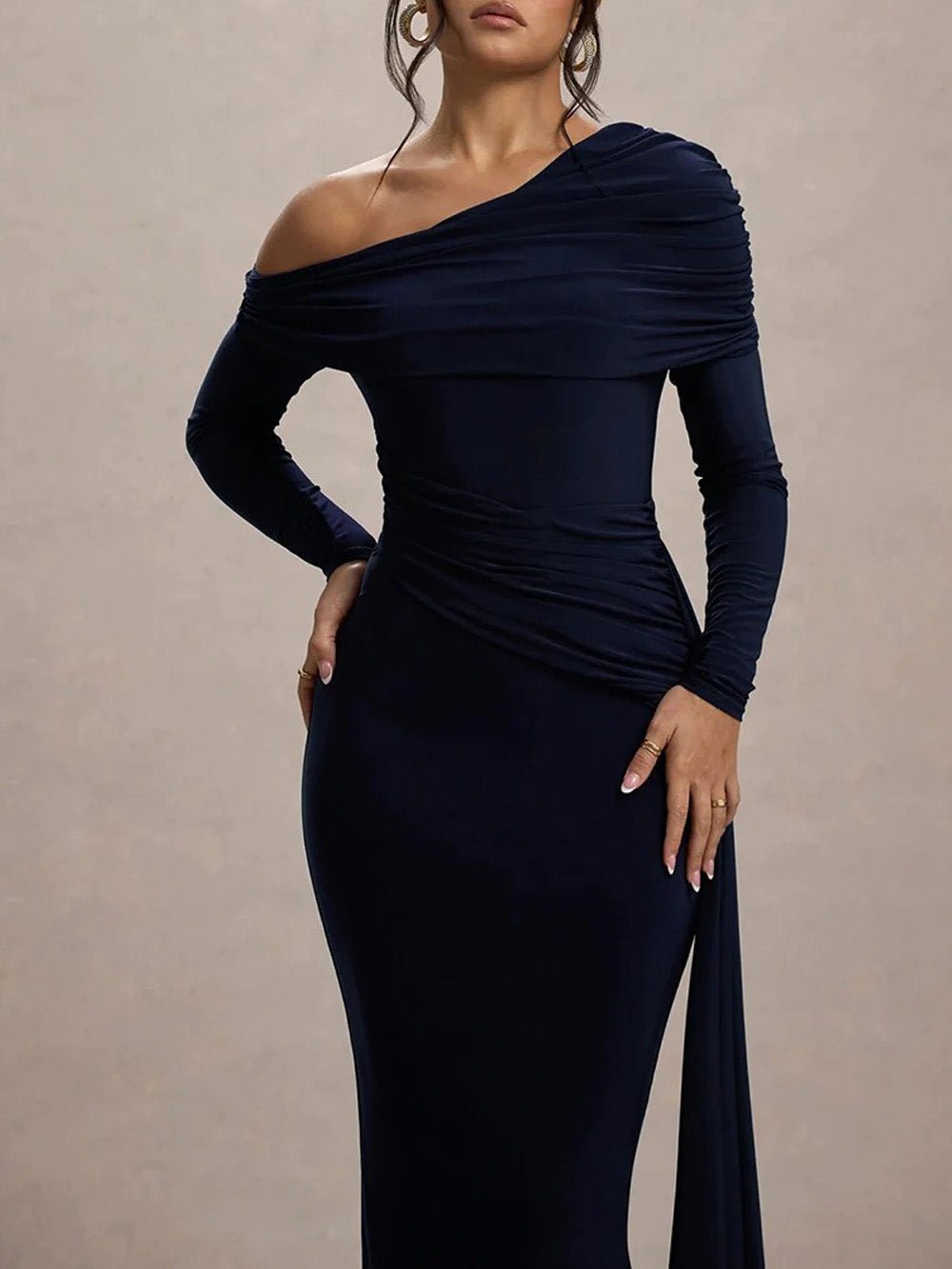 One Shoulder Long Sleeve Ruched Draped Bodycon Maxi Gown - View 3