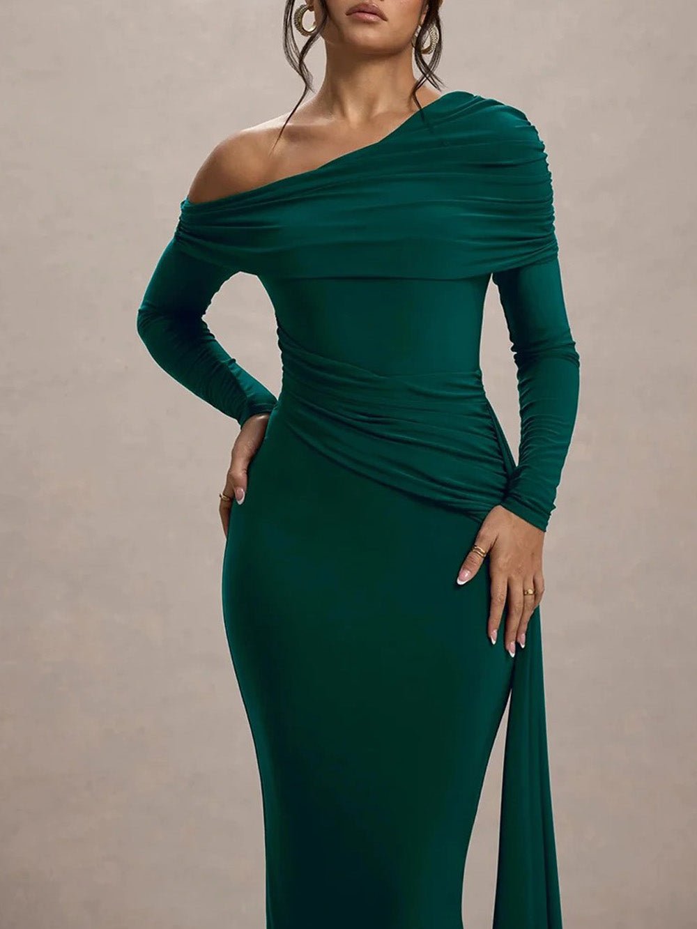 Off Shoulder Long Sleeve Ruched Mermaid Maxi Gown - View 4