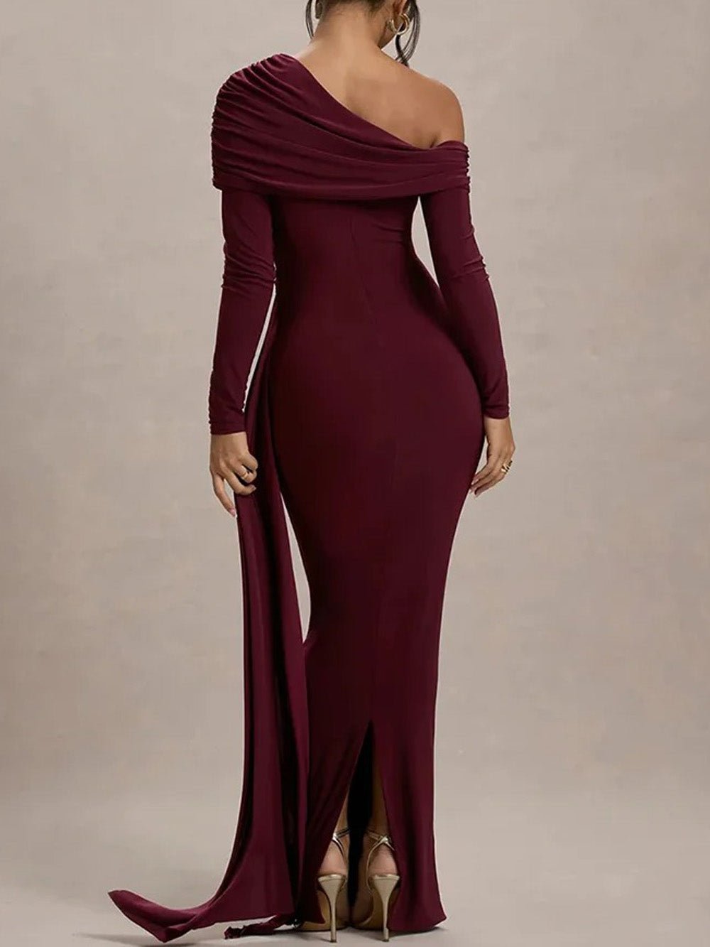 One Shoulder Long Sleeve Ruched Draped Bodycon Maxi Gown