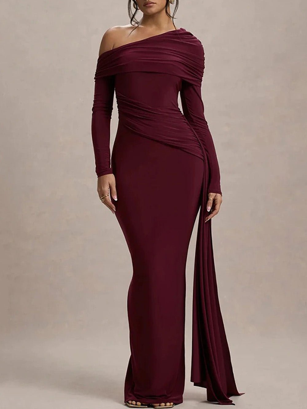 One Shoulder Long Sleeve Ruched Draped Bodycon Maxi Gown