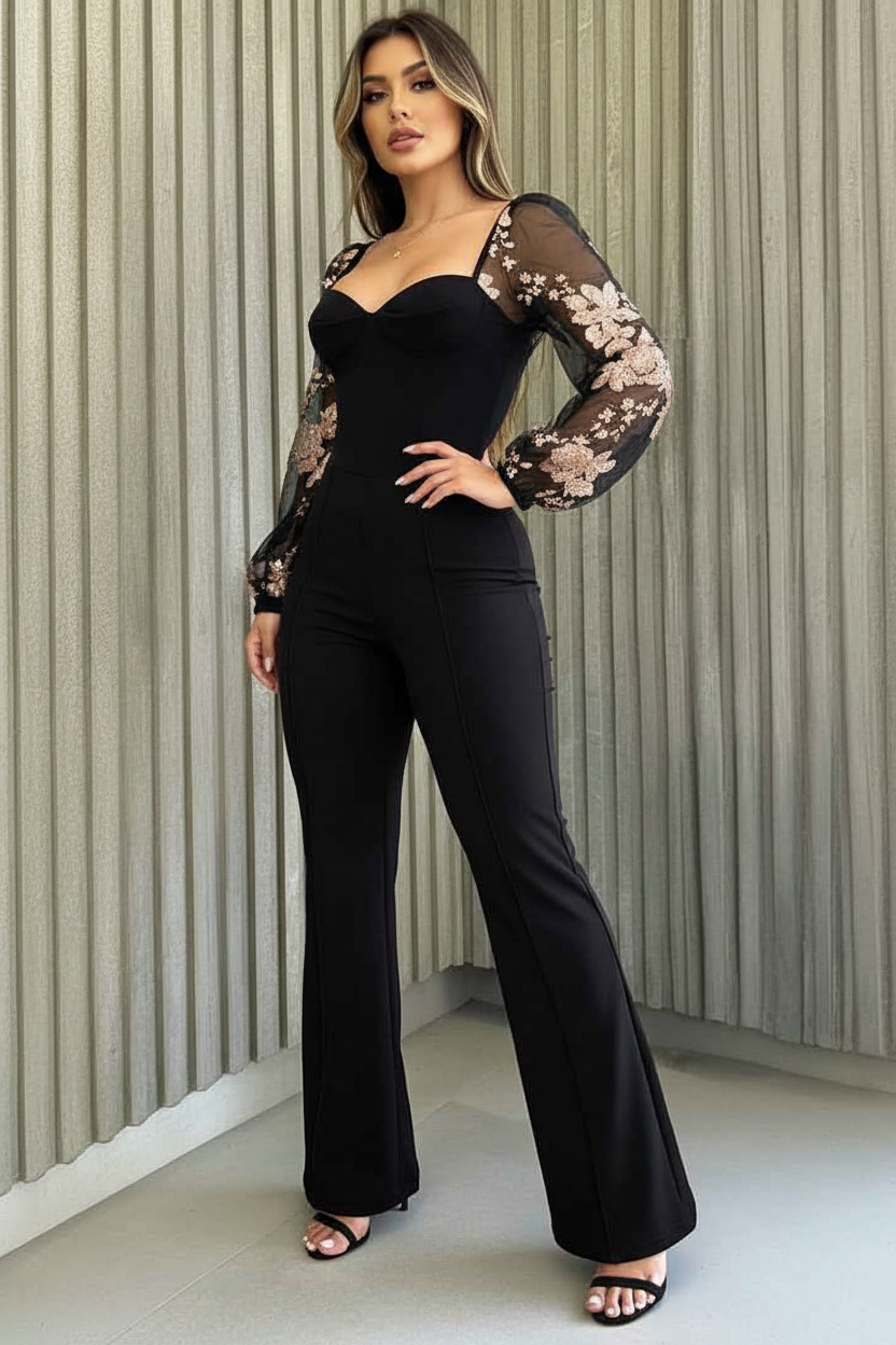 Elegant Flared Jumpsuit with Pockets and Adjustable Straps
